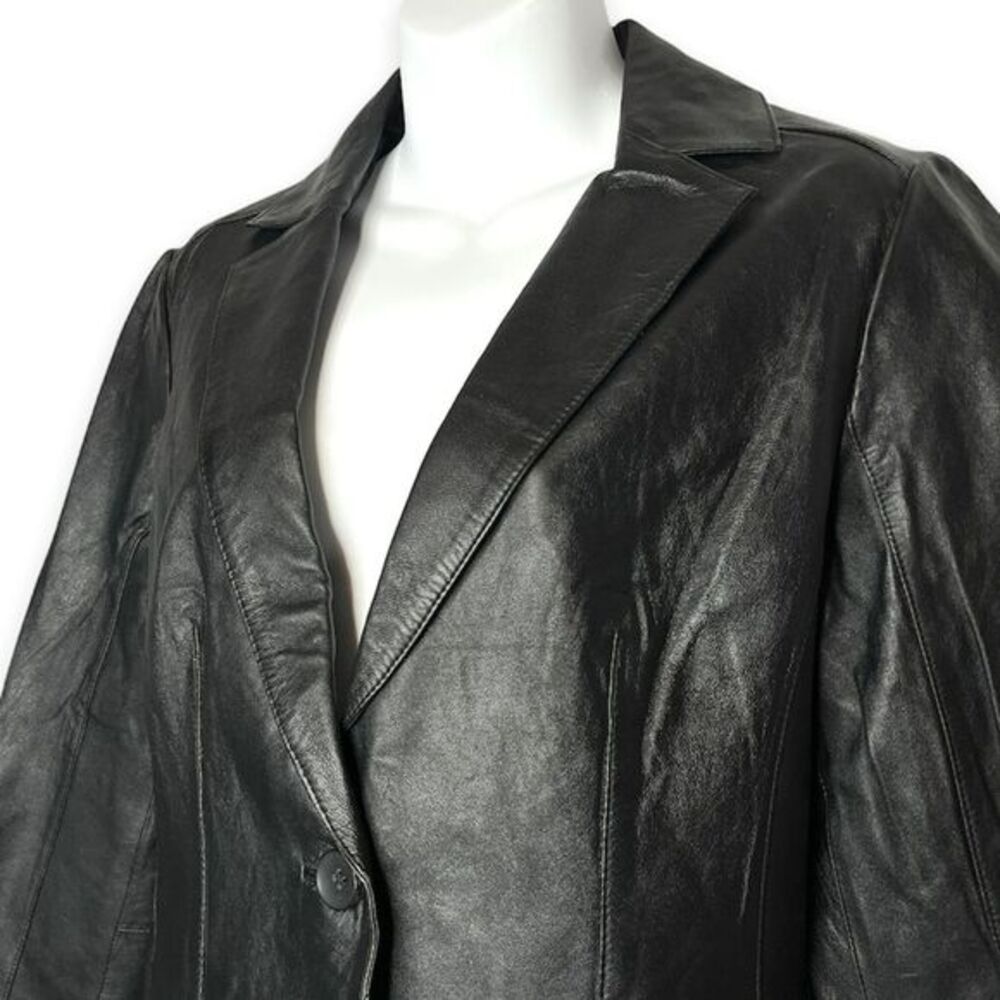 BirryShop‎ Black Genuine Leather Blazer Collar One Button Front Pockets Women’s - Picture 5 of 14